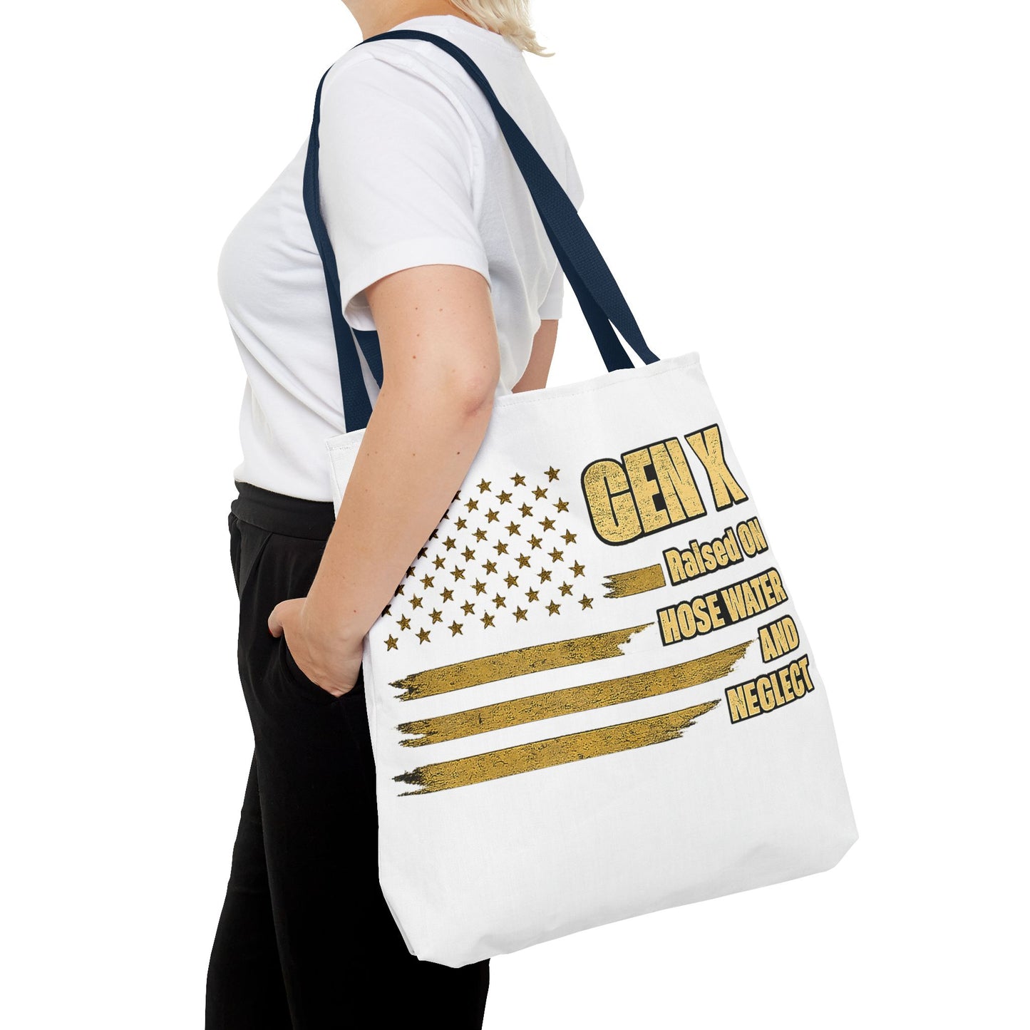 Gen X Tote Bag — “Raised on Hose Water and Neglect” Vintage Patriotic Reusable Shopper
