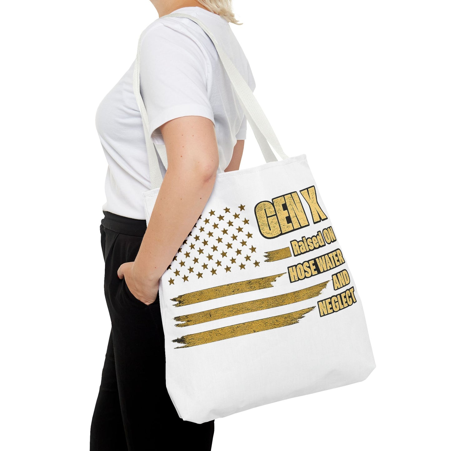 Gen X Tote Bag — “Raised on Hose Water and Neglect” Vintage Patriotic Reusable Shopper 