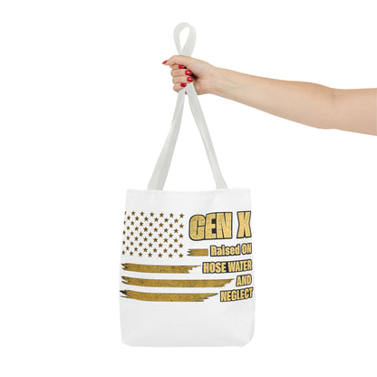 Gen X Tote Bag — “Raised on Hose Water and Neglect” Vintage Patriotic Reusable Shopper 
