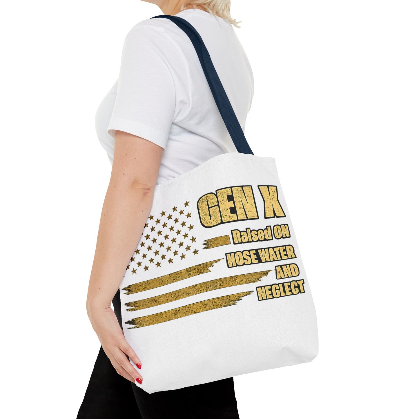Gen X Tote Bag — “Raised on Hose Water and Neglect” Vintage Patriotic Reusable Shopper 
