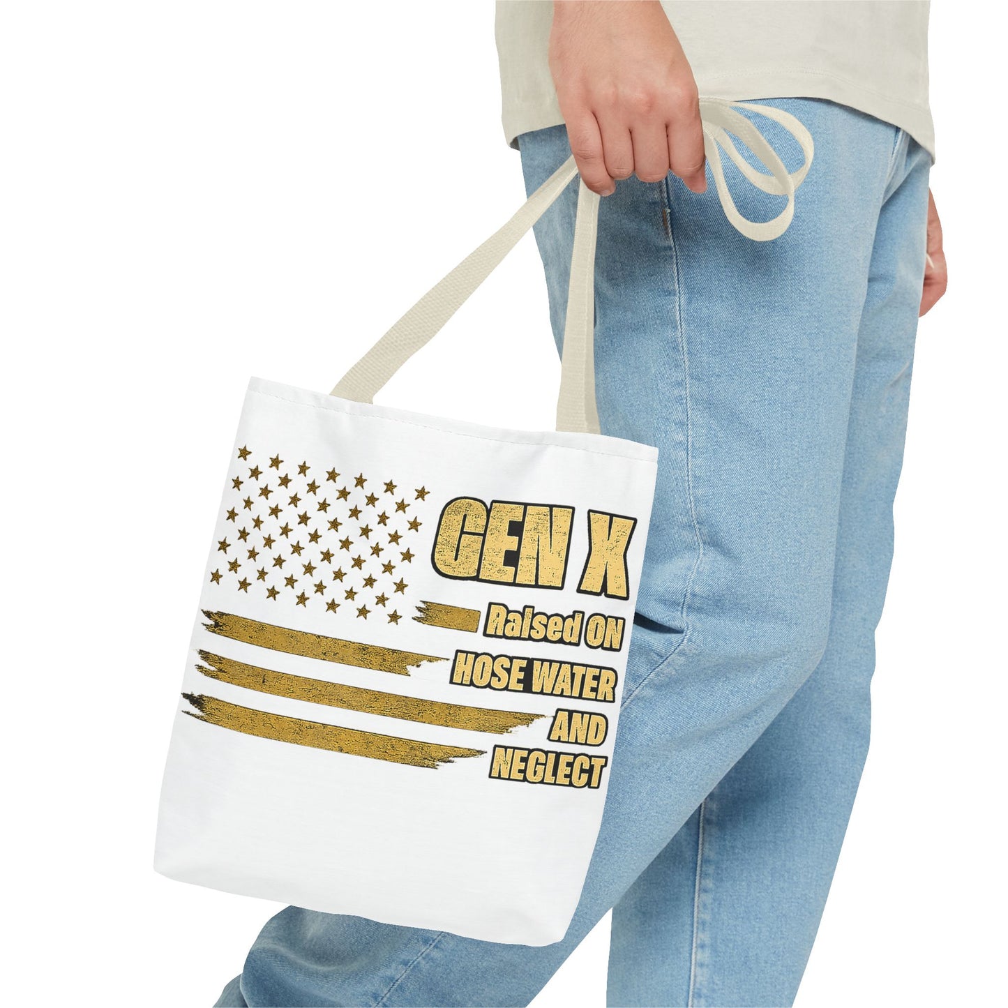Gen X Tote Bag — “Raised on Hose Water and Neglect” Vintage Patriotic Reusable Shopper 