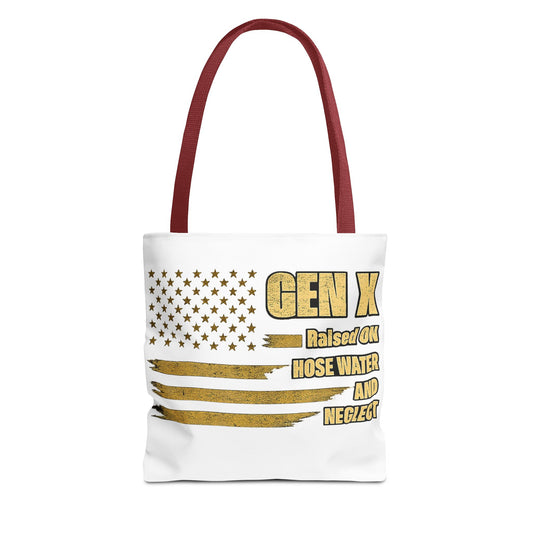 Gen X Tote Bag — "Raised on Hose Water and Neglect" Vintage Patriotic Reusable Shopper