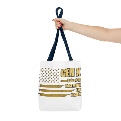 Gen X Tote Bag — “Raised on Hose Water and Neglect” Vintage Patriotic Reusable Shopper 