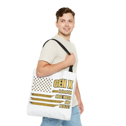 Gen X Tote Bag — “Raised on Hose Water and Neglect” Vintage Patriotic Reusable Shopper 