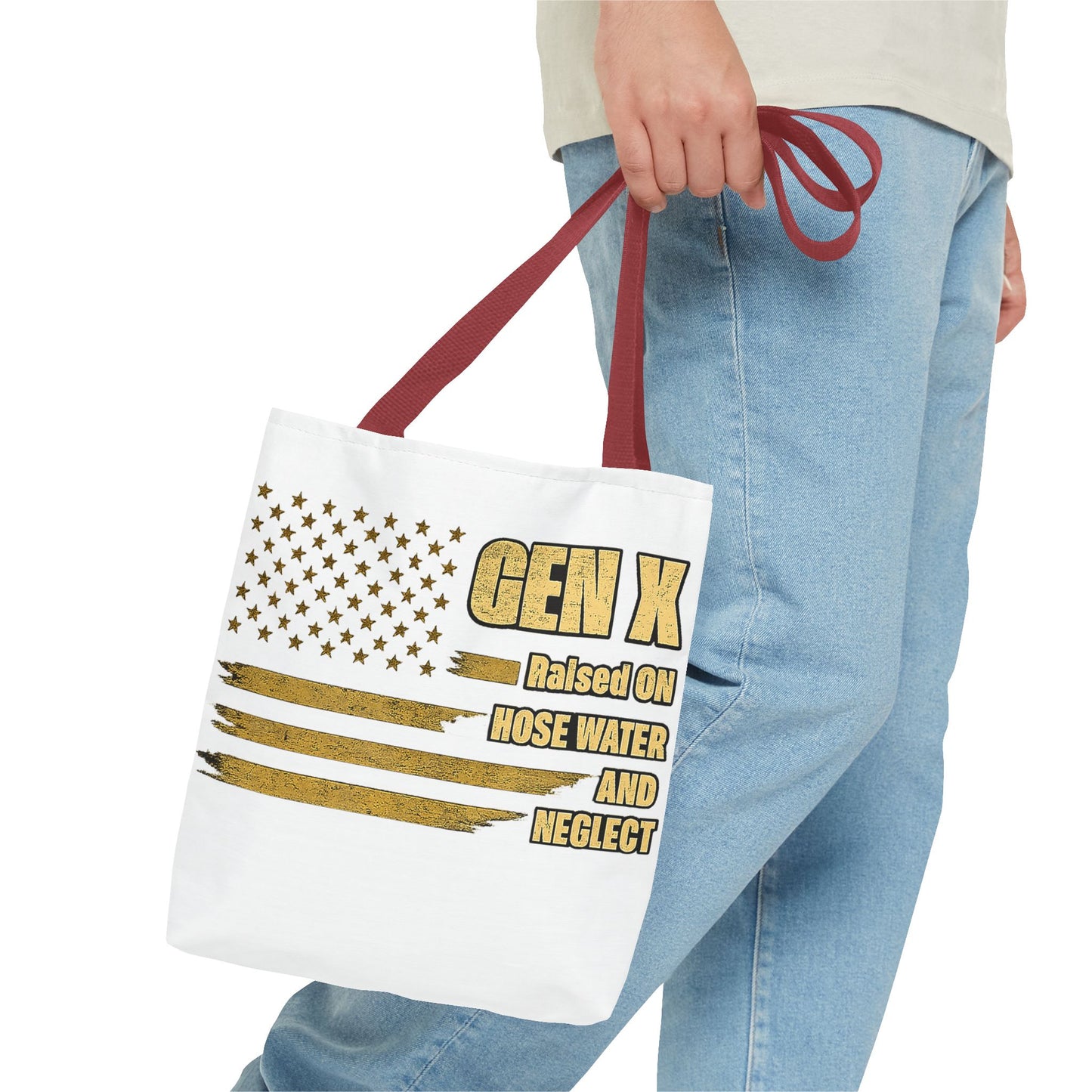 Gen X Tote Bag — “Raised on Hose Water and Neglect” Vintage Patriotic Reusable Shopper 