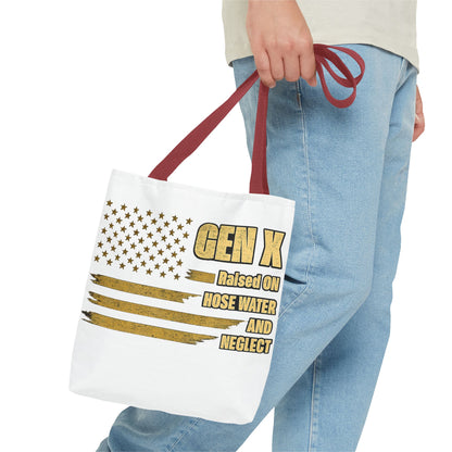 Gen X Tote Bag — “Raised on Hose Water and Neglect” Vintage Patriotic Reusable Shopper 