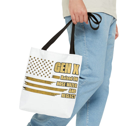 Gen X Tote Bag — “Raised on Hose Water and Neglect” Vintage Patriotic Reusable Shopper 