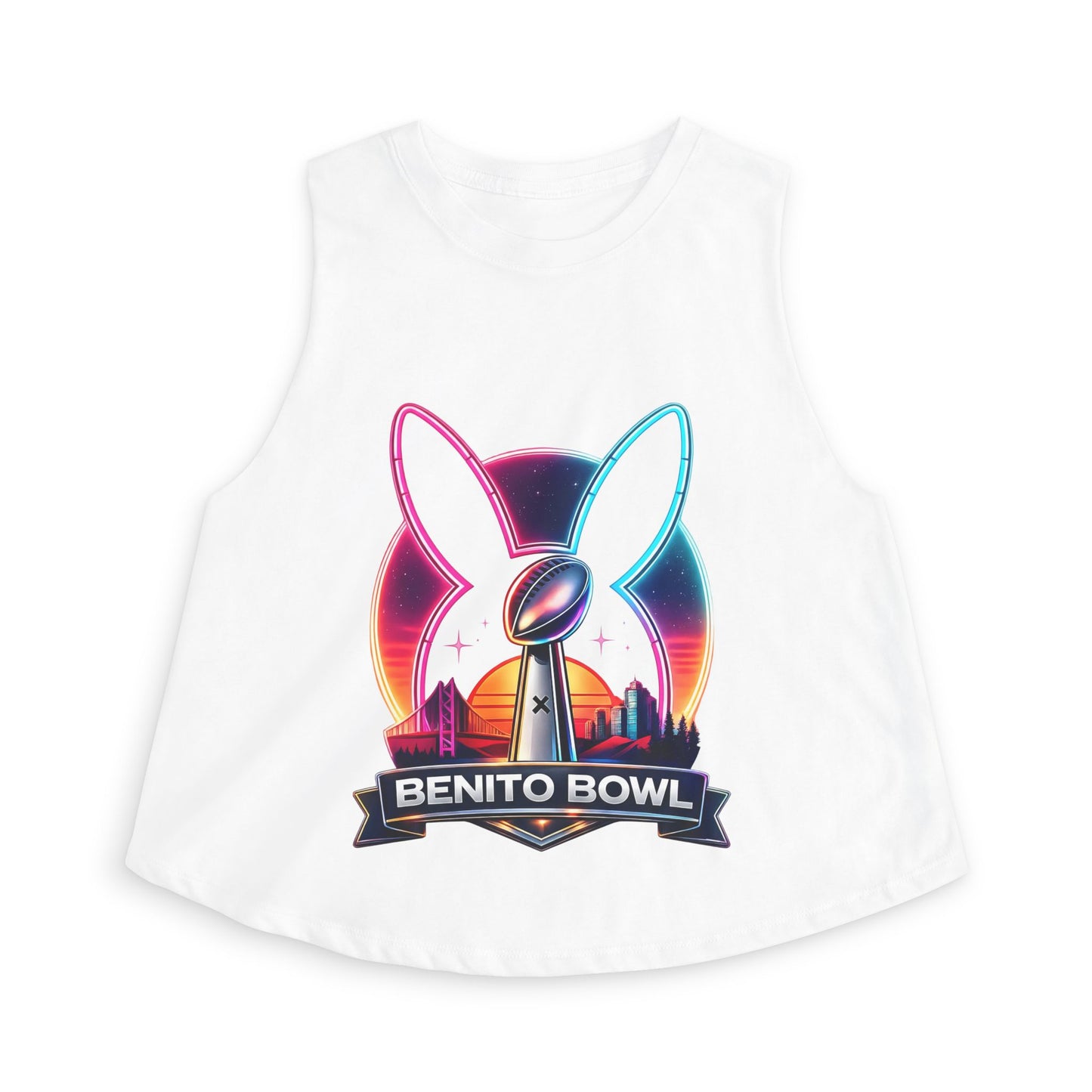 Benito Bowl Crop Top — Retro Neon Bunny Football Graphic