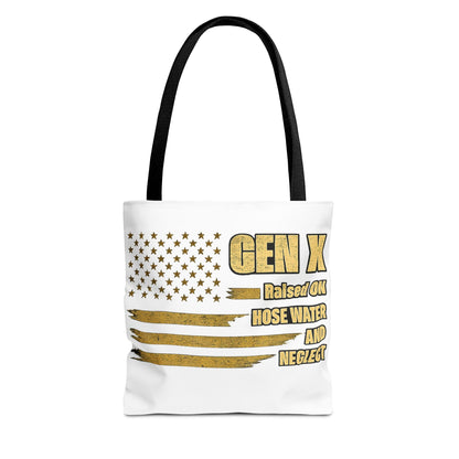 Gen X Tote Bag — “Raised on Hose Water and Neglect” Vintage Patriotic Reusable Shopper 
