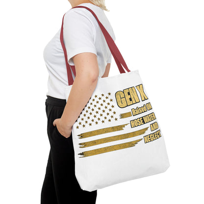 Gen X Tote Bag — “Raised on Hose Water and Neglect” Vintage Patriotic Reusable Shopper 
