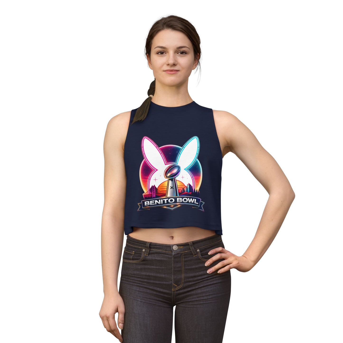 Benito Bowl Crop Top — Retro Neon Bunny Football Graphic