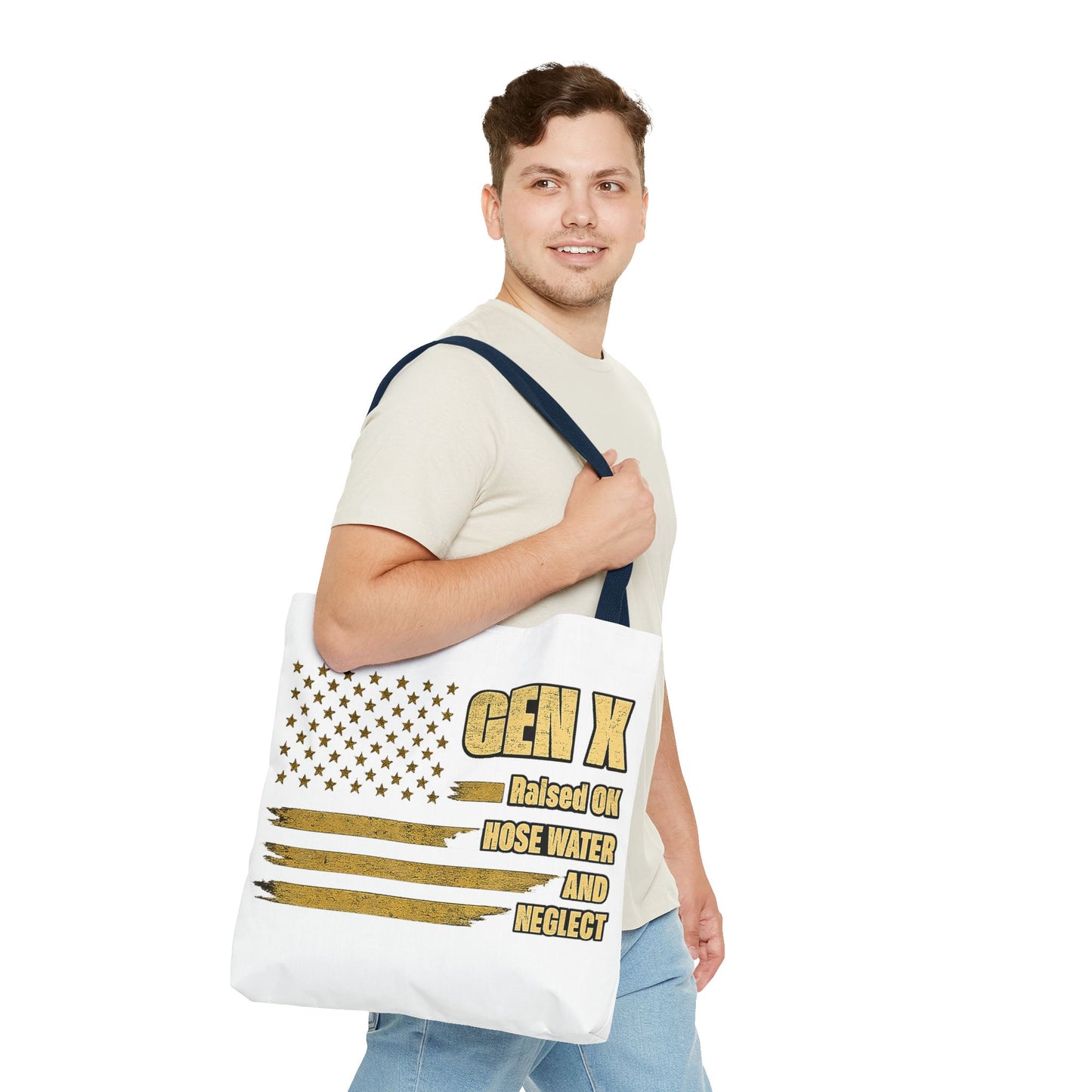 Gen X Tote Bag — “Raised on Hose Water and Neglect” Vintage Patriotic Reusable Shopper 