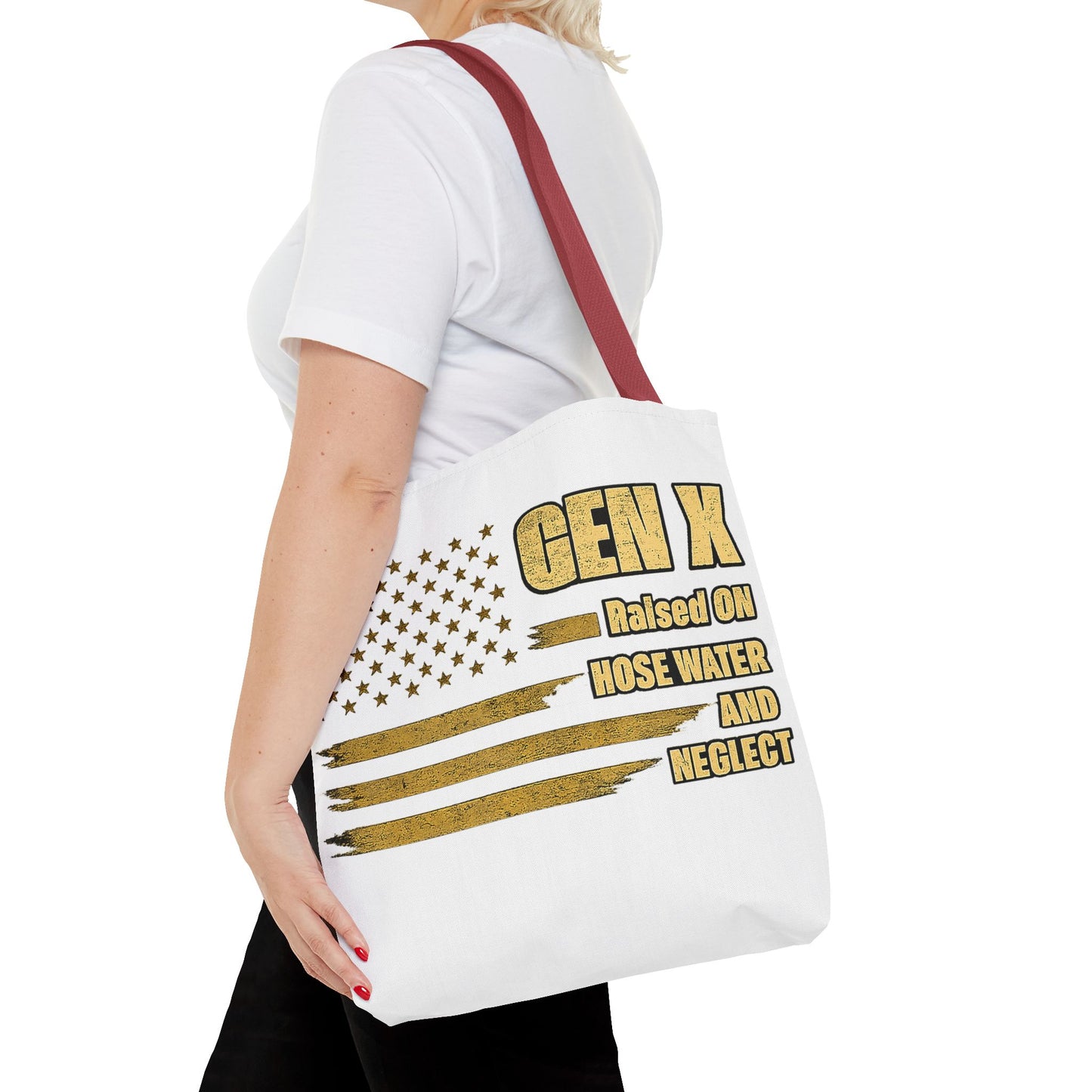 Gen X Tote Bag — “Raised on Hose Water and Neglect” Vintage Patriotic Reusable Shopper 