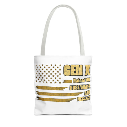 Gen X Tote Bag — “Raised on Hose Water and Neglect” Vintage Patriotic Reusable Shopper 