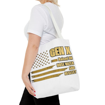Gen X Tote Bag — “Raised on Hose Water and Neglect” Vintage Patriotic Reusable Shopper 