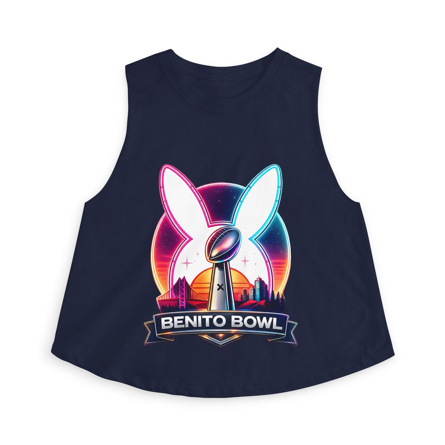 Benito Bowl Crop Top — Retro Neon Bunny Football Graphic